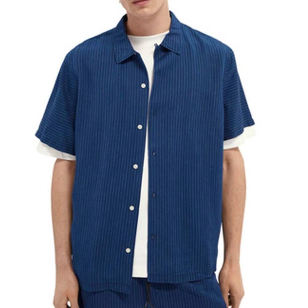 Scotch & Soda NWT Indigo Tencel Striped Men's Button Up Shirt Size XXL Soft Cozy